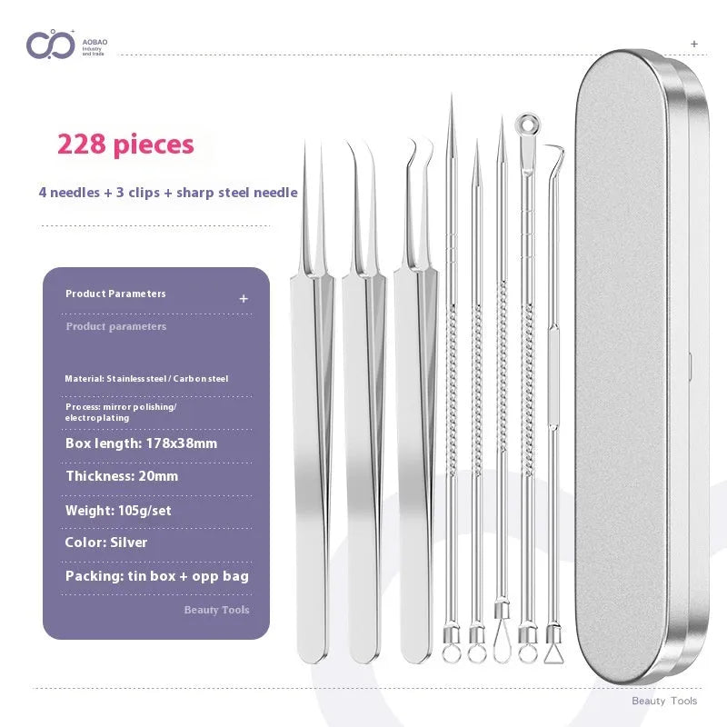 4-piece metal acne needle set with ultra fine pointed tips on silver background