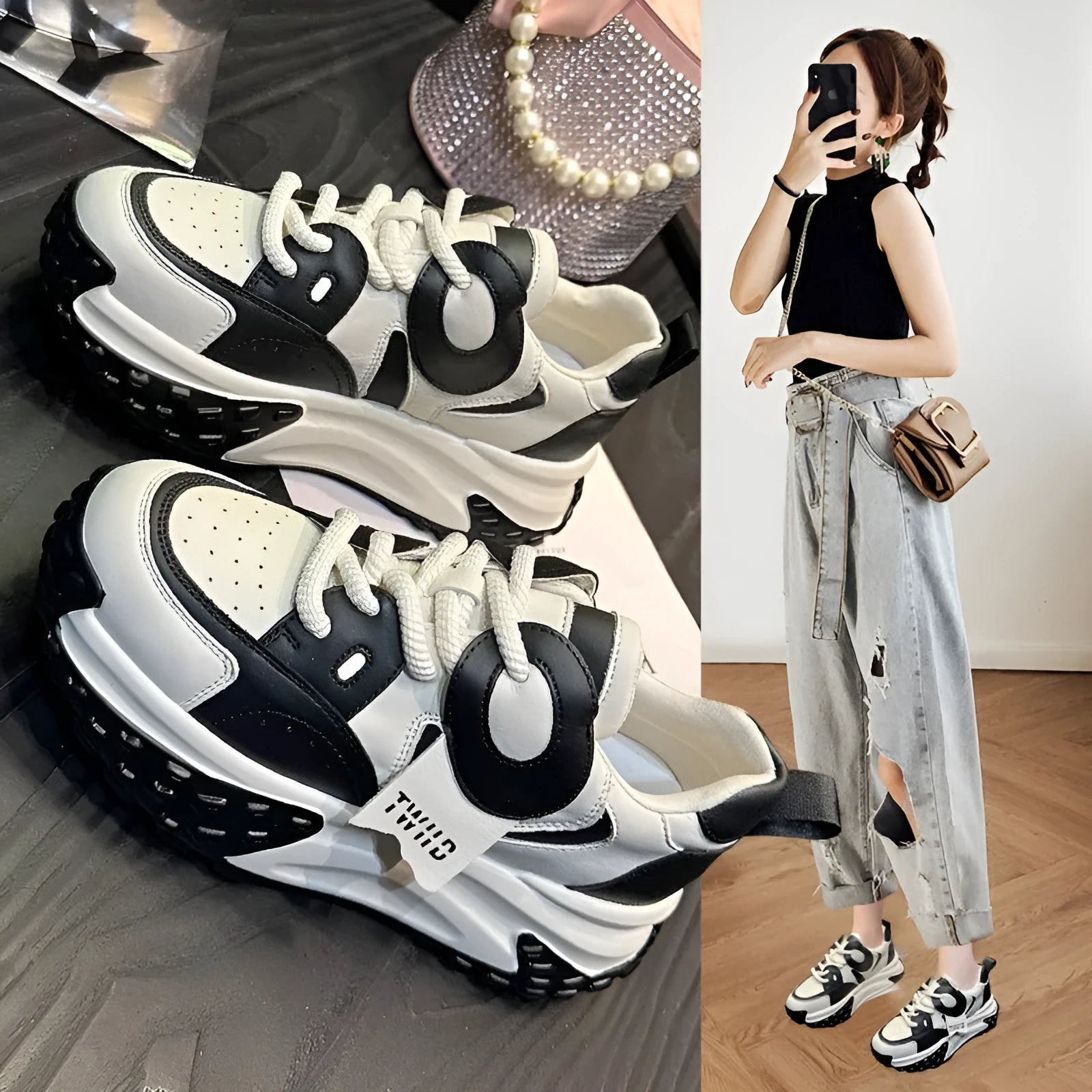 Women's leather casual shoes with thick wedge soles and front lace-up in multiple colour options.
