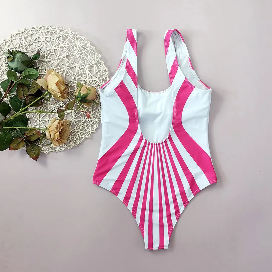 Pink striped women's one-piece swimsuit with digital printing front and back