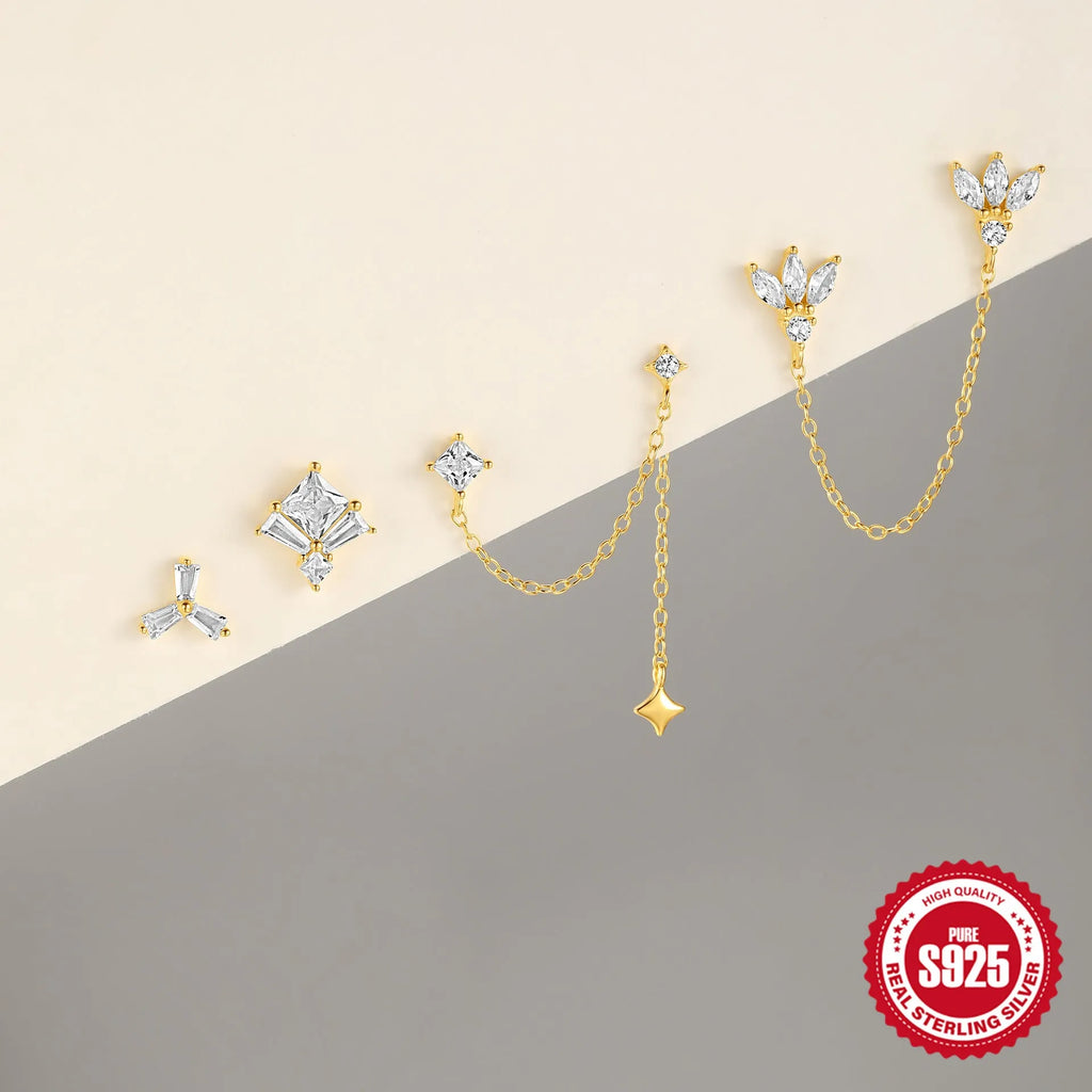 Sterling silver chain stud earrings with zircon inlay in golden geometric designs