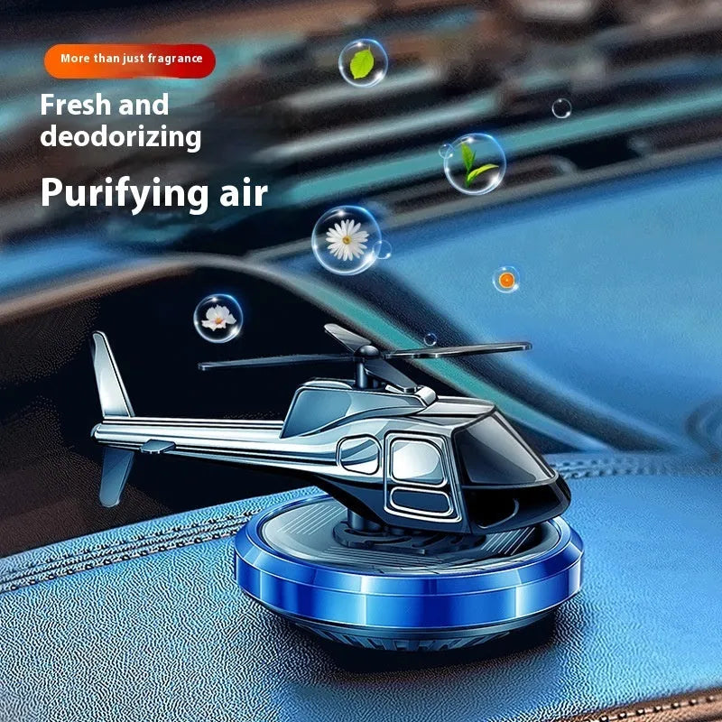 Metal solar helicopter car perfume ornament in silver, black or blue with rotating blades