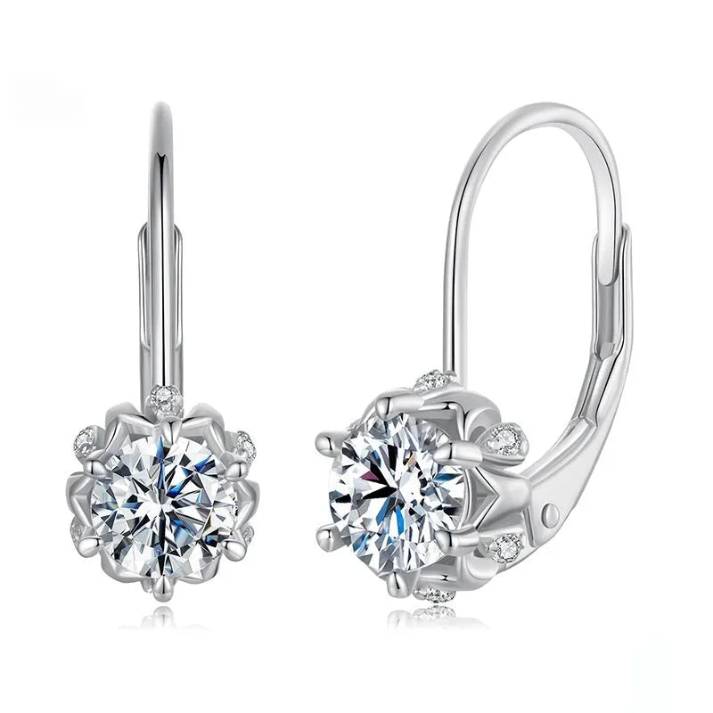 Sterling silver flower bud ear clips with white gold plating and moissanite stone