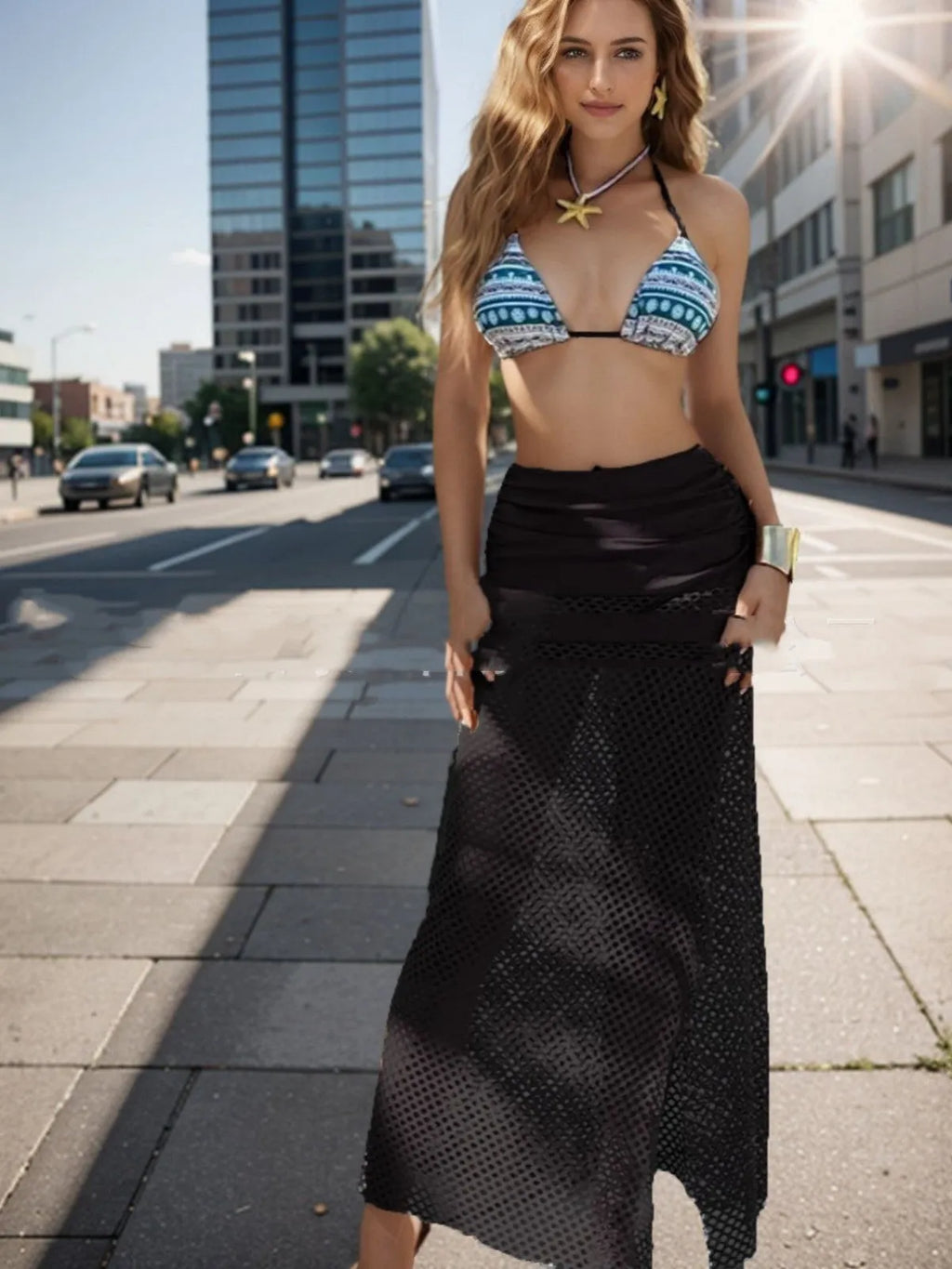 Women's three-piece bikini set with fishnet long skirt in gradient pattern