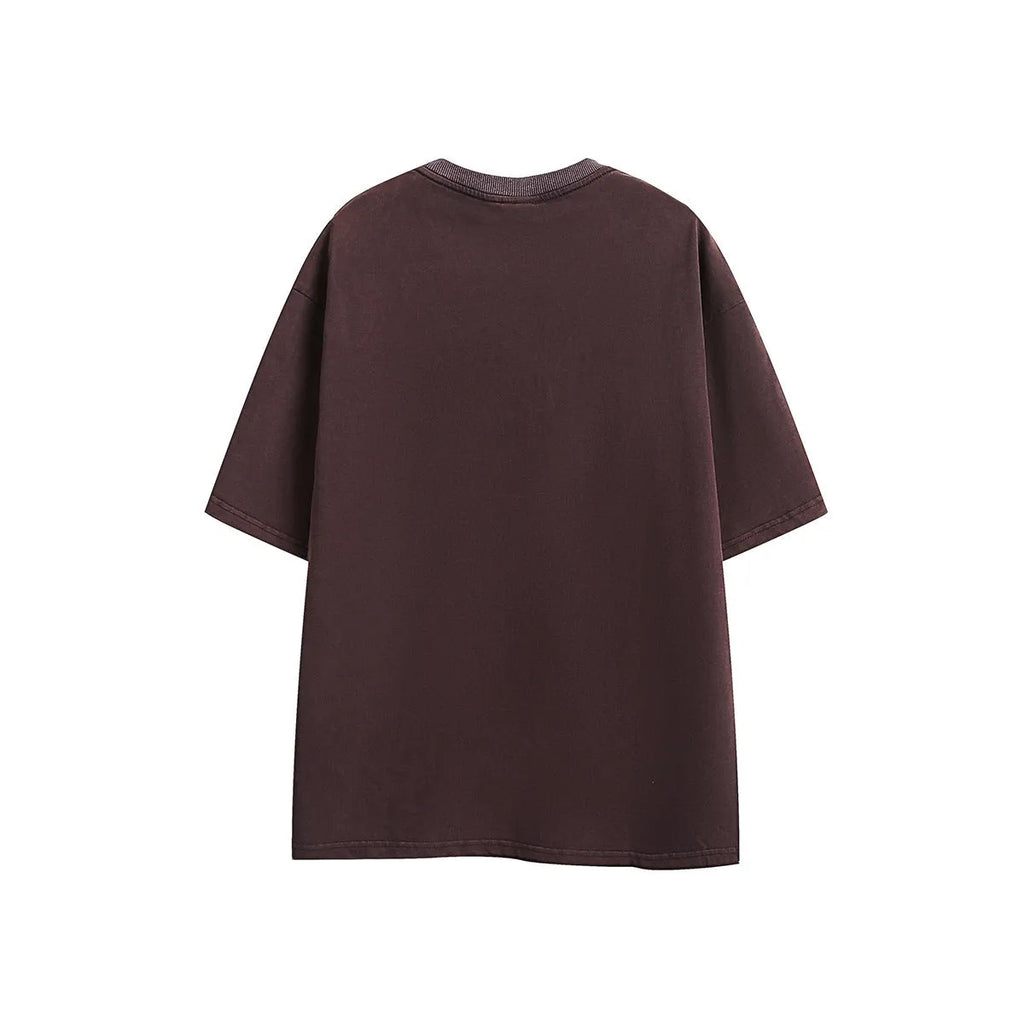 Embroidered washed purple and black loose-fit retro cotton short-sleeved t-shirt.