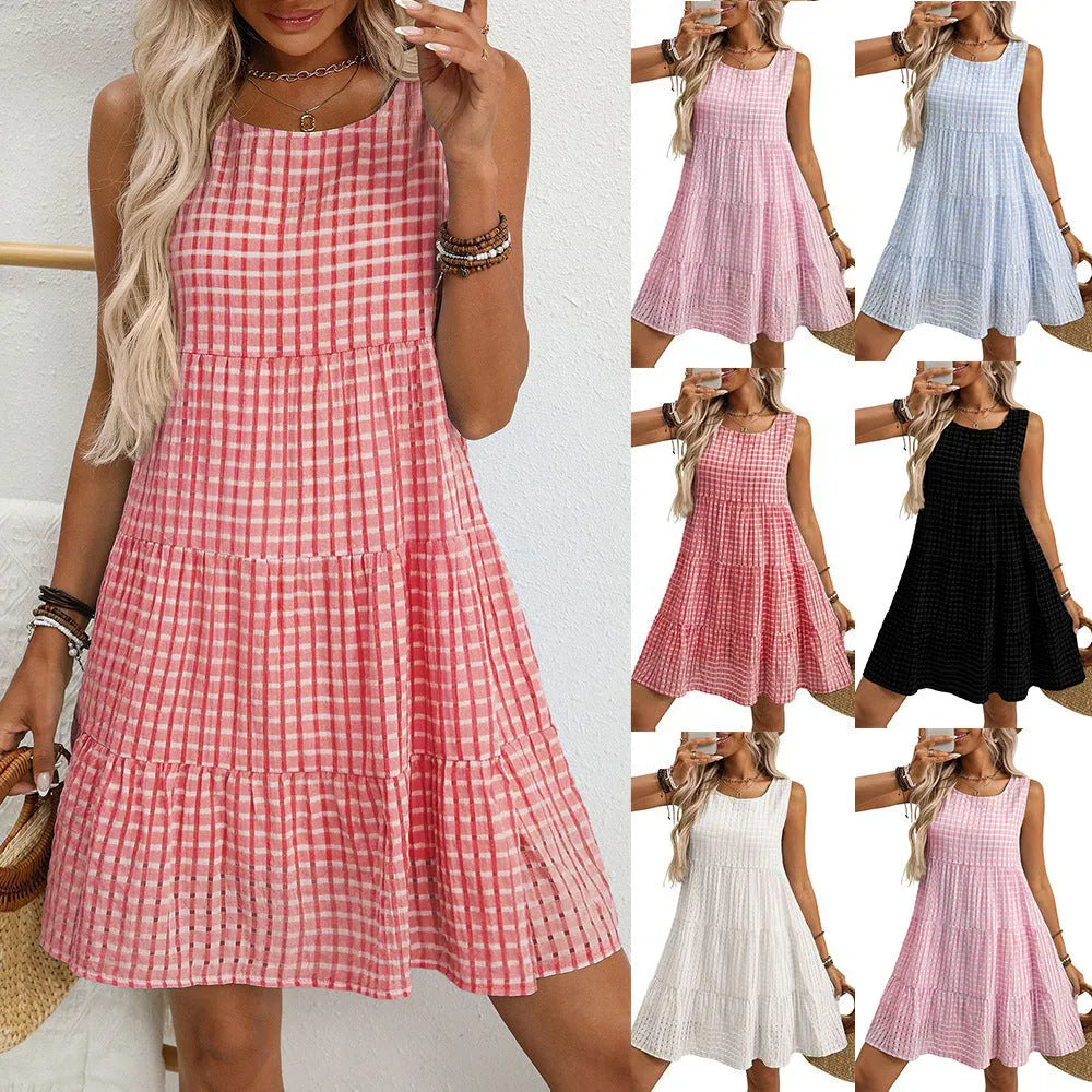 Women's light blue sleeveless plaid dress with a high waist and loose swing skirt on a hanger.