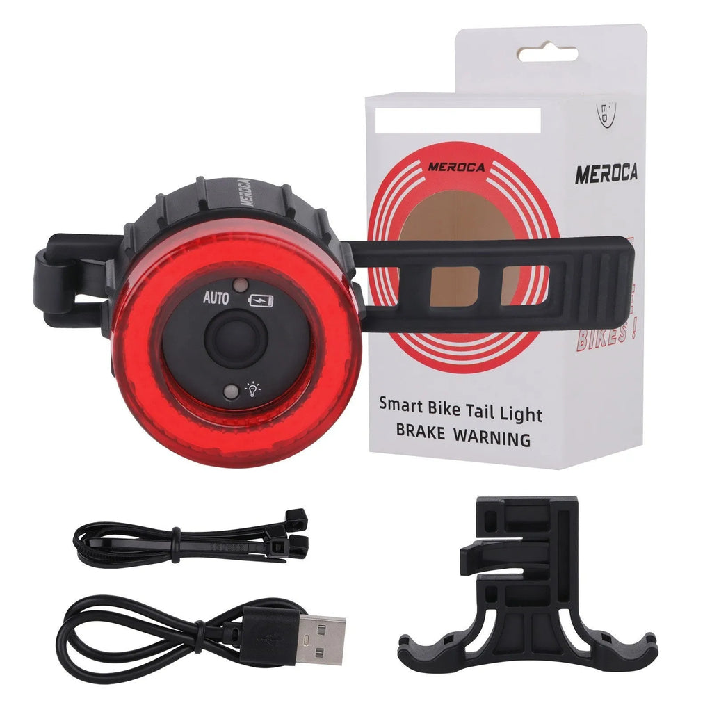 Black intelligent induction brake taillight for bicycles with aluminium alloy housing and dual mounting brackets