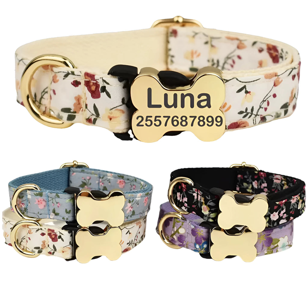 Flat nylon dog collar with bone buckle and printed grid design in multiple colour options.