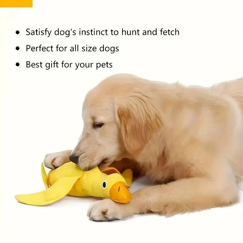 Yellow dog training toy with duck sound module and central treat dispenser slot