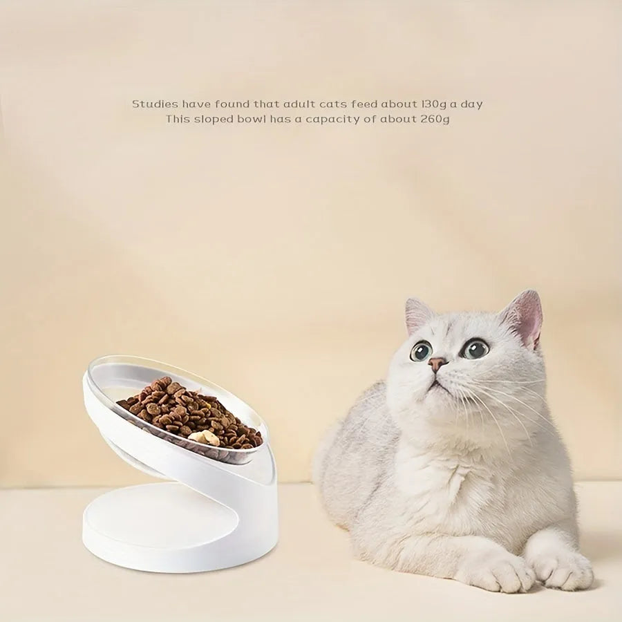 White elevated tilt cat food bowl made from clear durable plastic.