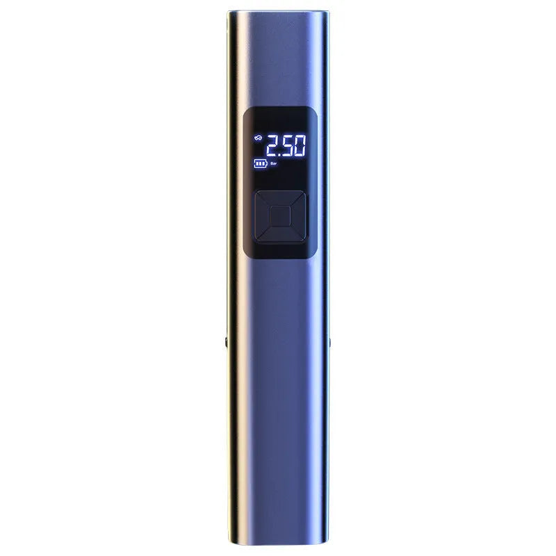 Wireless digital display car air pump and vacuum cleaner with LED light, showing included nozzles and storage bag.