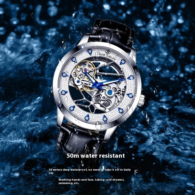 Men's mechanical watch with silver case, white dial, blue luminous hands, and black leather strap
