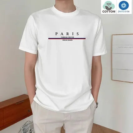 Man wearing a heavy grey pure cotton T-shirt with a printed letter design and short sleeves.