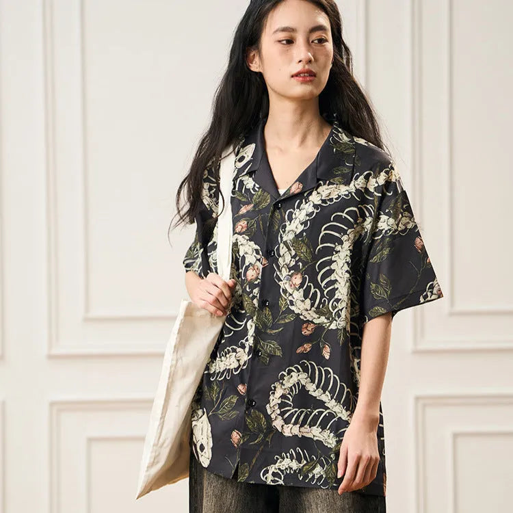 Snake bone pattern printed Cuban collar short sleeve shirt in loose fit design