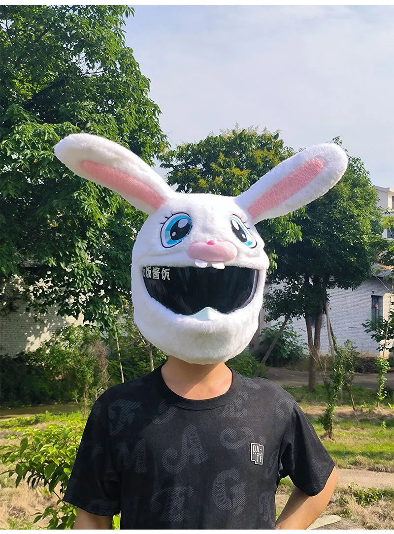 White long-eared rabbit head plush helmet cover for electric motorcycle helmets