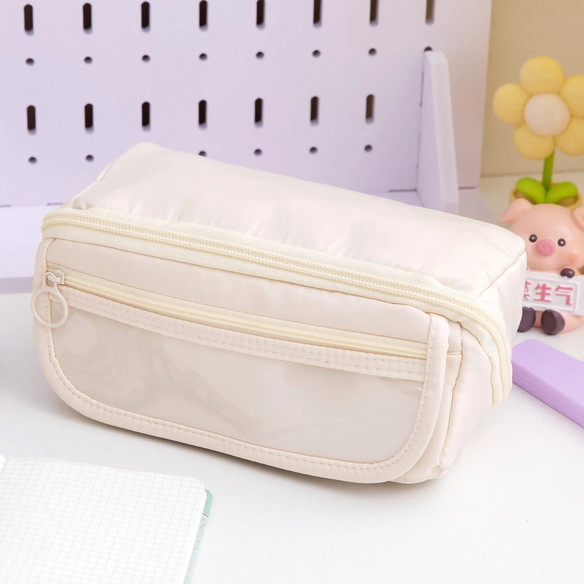 Canvas pencil case with multi-layer flip design in Korean style showing six colour options