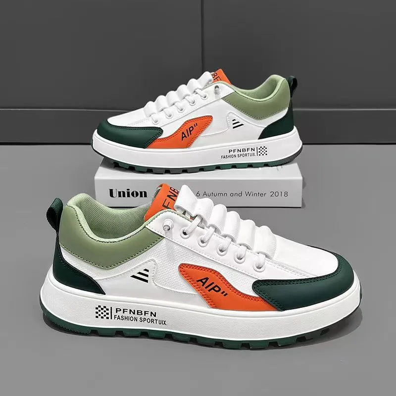 Men's casual shoes in artificial PU with round toe design available in white orange, white black, and white brown colours