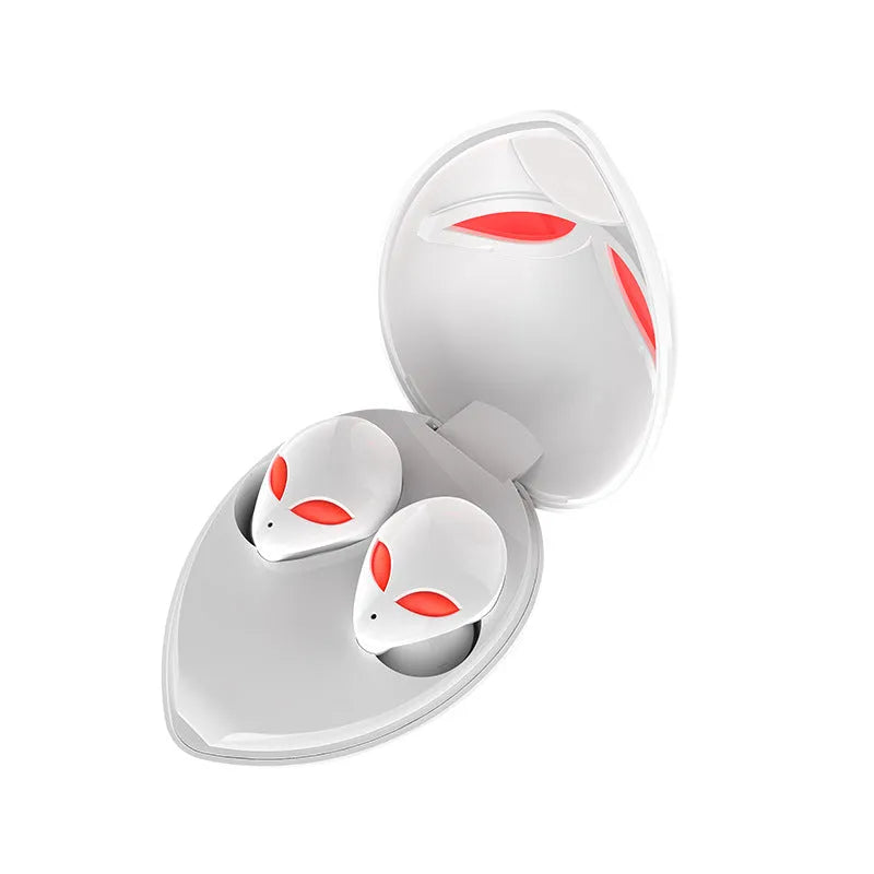 Alien-design T8 Starman Bluetooth headphones in charging case on white background