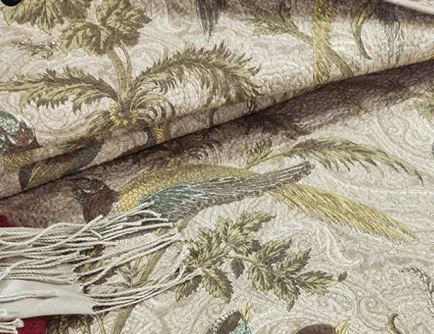 Blue cotton bedspread with floral and bird pattern, part of a 3-piece quilted bedding set.