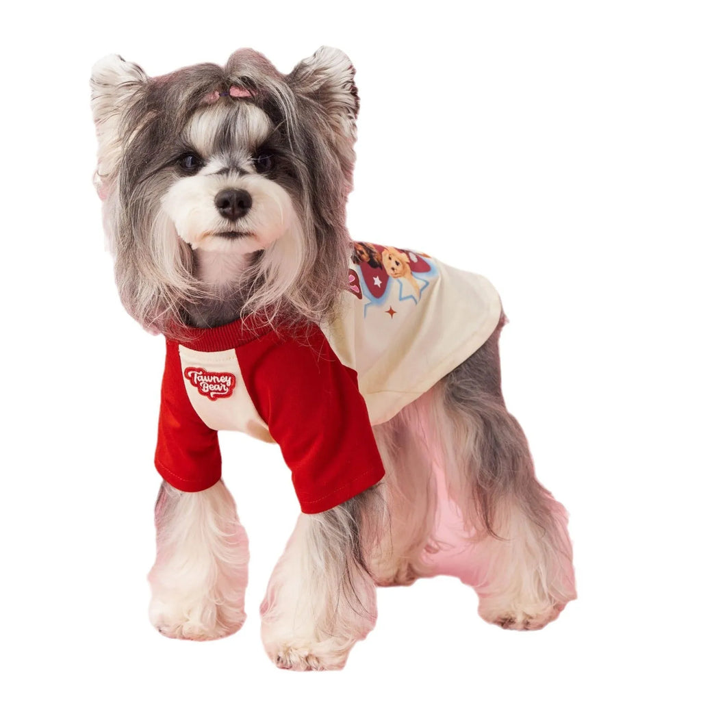 Cotton dog summer clothes with embroidered design in red or pink, sizes XS to XXL