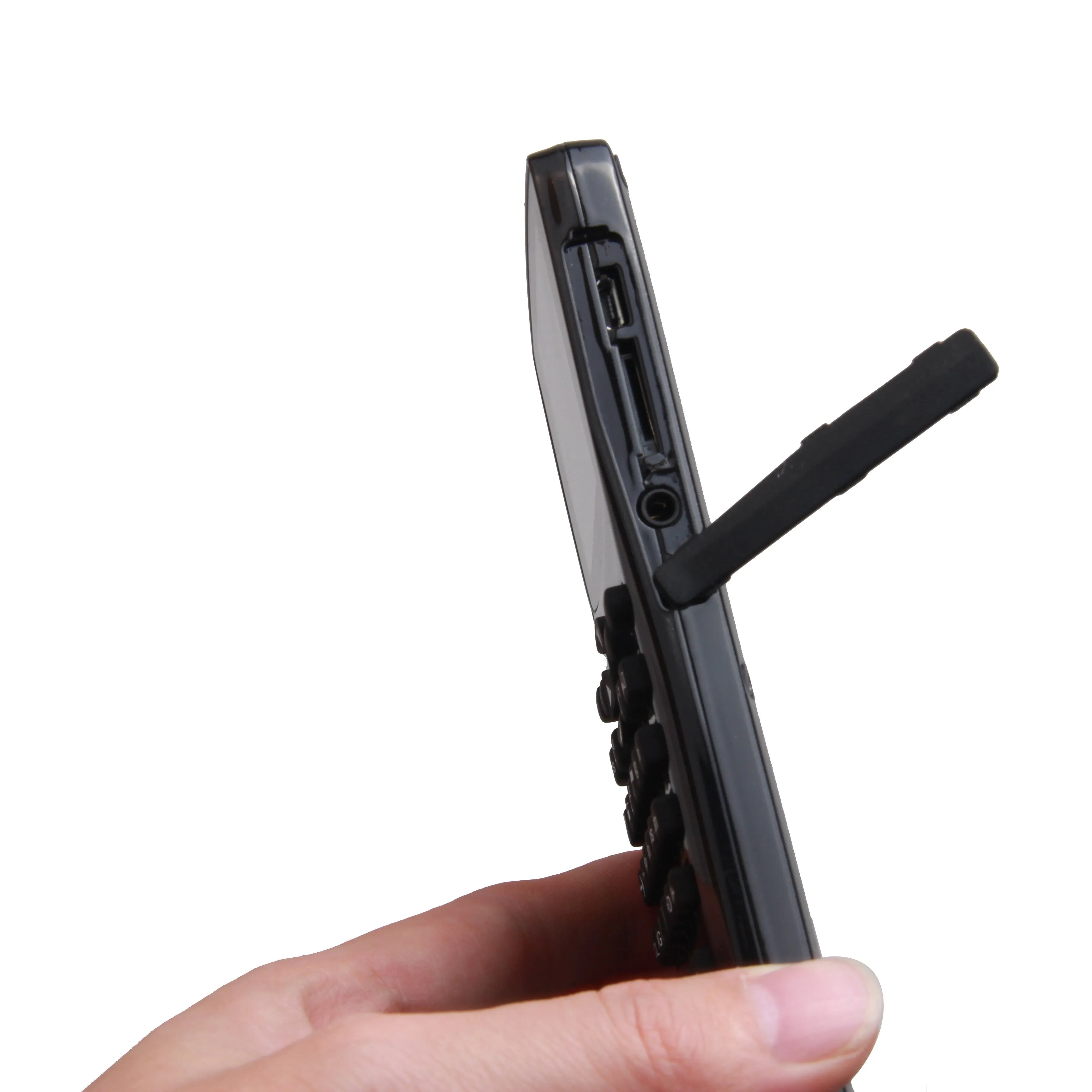 Black multifunctional e-book reader with a colour screen and adjustable strap showing language menu and media icons.