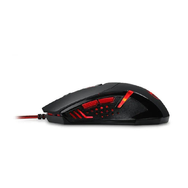 Black and red wired USB optical gaming mouse with six buttons on a desk.