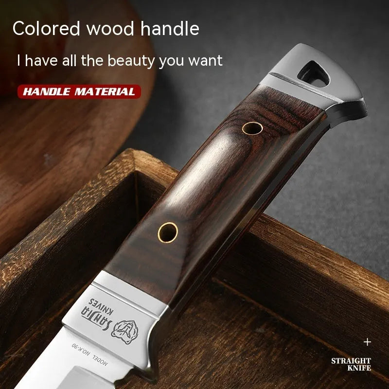 Stainless steel camping fruit knife with leather case in national style design