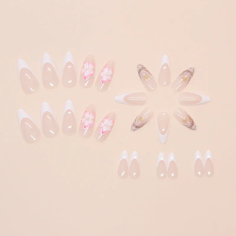 French style fake nails with a simple flower rock pattern in colour W1764, includes glue.