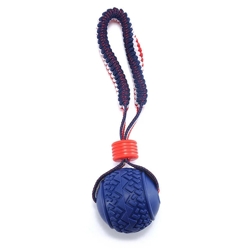 Blue rubber dog ball with rope attachment measuring 29cm long for small breed dogs
