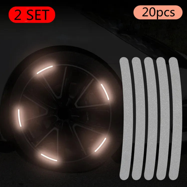 Pack of 20 arc-shaped PVC reflective stickers for car wheel hubs in assorted high-visibility colours.