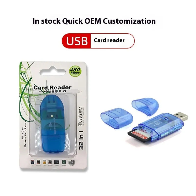 Transparent USB card reader with LED light showing SD and MS card slots