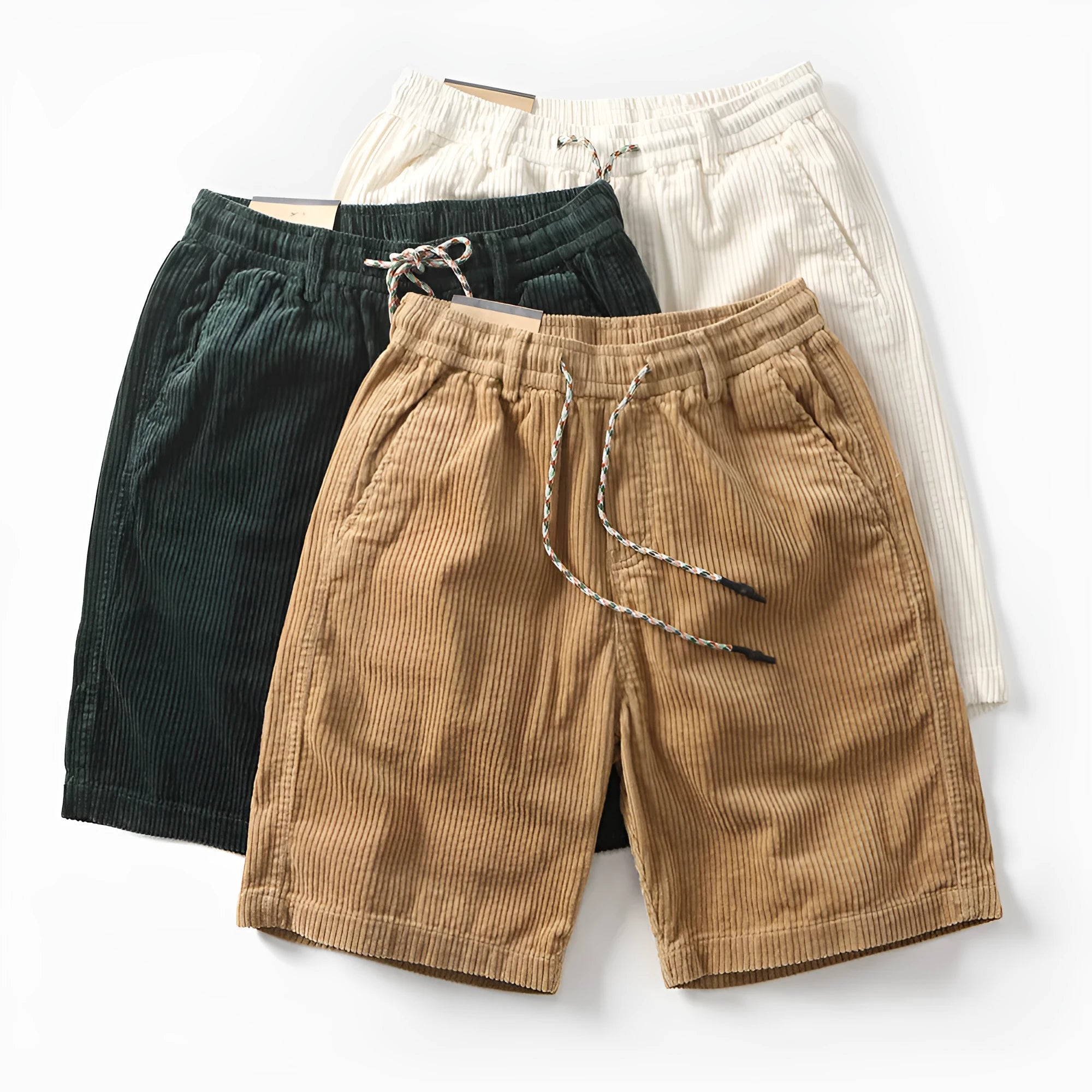 Men's khaki cargo shorts with multiple pockets showing straight leg fit