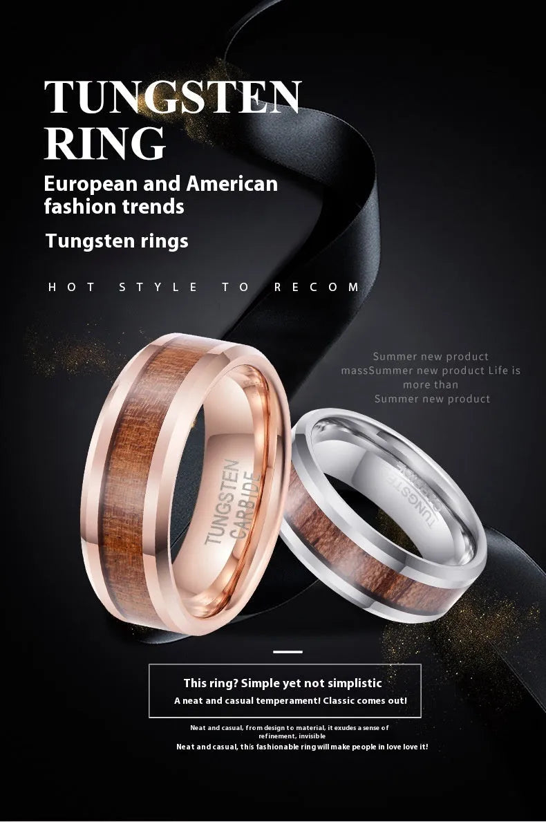 Ugyen tungsten ring with wood leather texture in 8mm width, rose gold or steel colour options