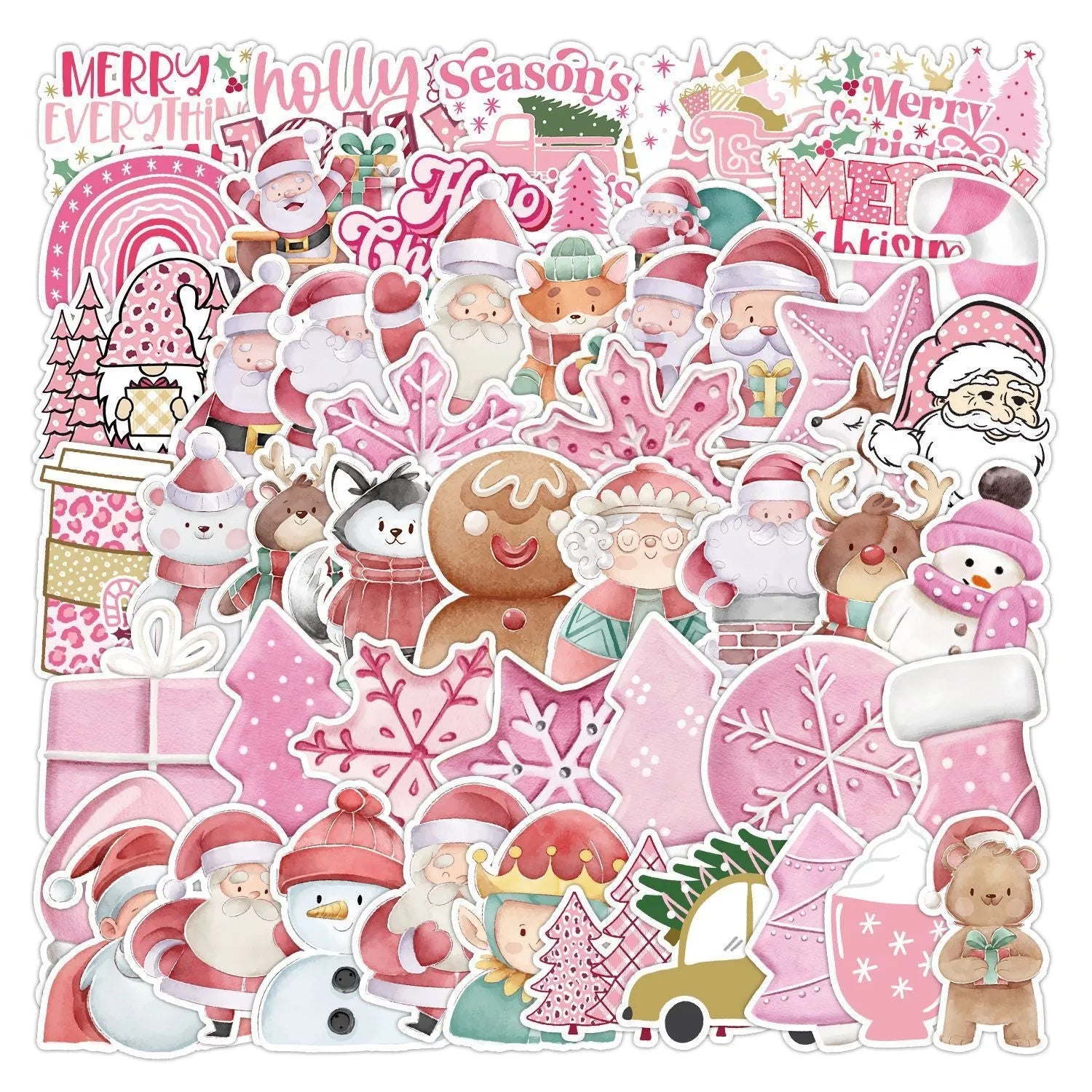 50-piece set of cute Christmas themed waterproof stickers in various sizes from 4cm to 8cm