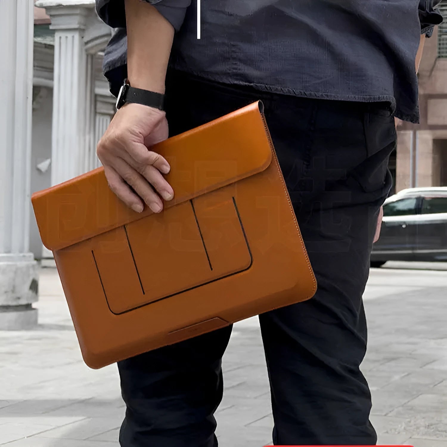 13.3 inch laptop bracket bag with integrated dual-angle stand in black and brown colour options
