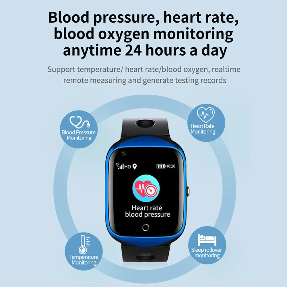 Black intelligent positioning phone watch for the elderly with a square screen and silicone strap.