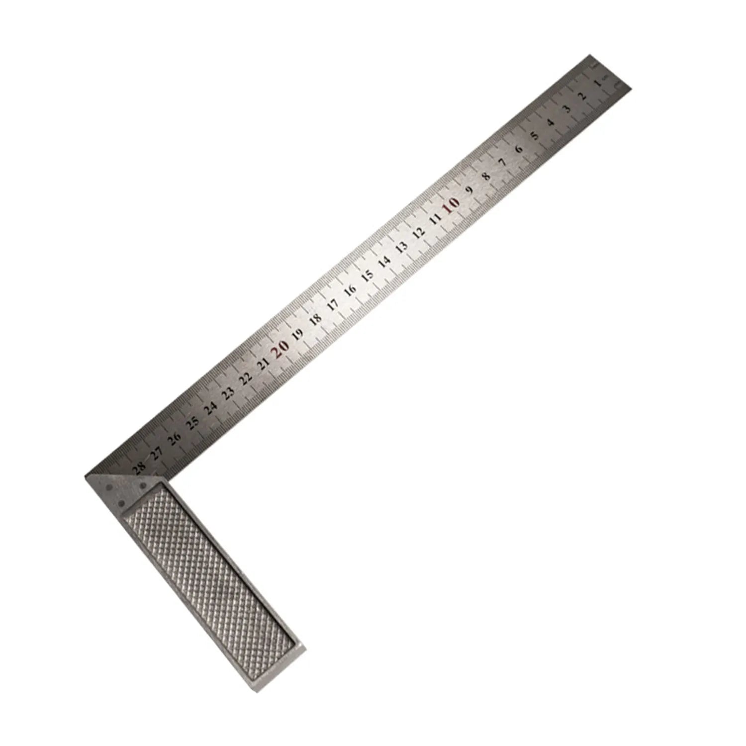 Red 7-inch metal combination angle ruler showing both imperial and metric measurement scales