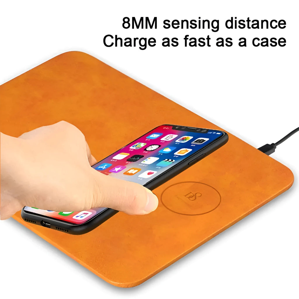 Brown leather wireless charging mouse pad with integrated Qi charging coil and Micro USB port