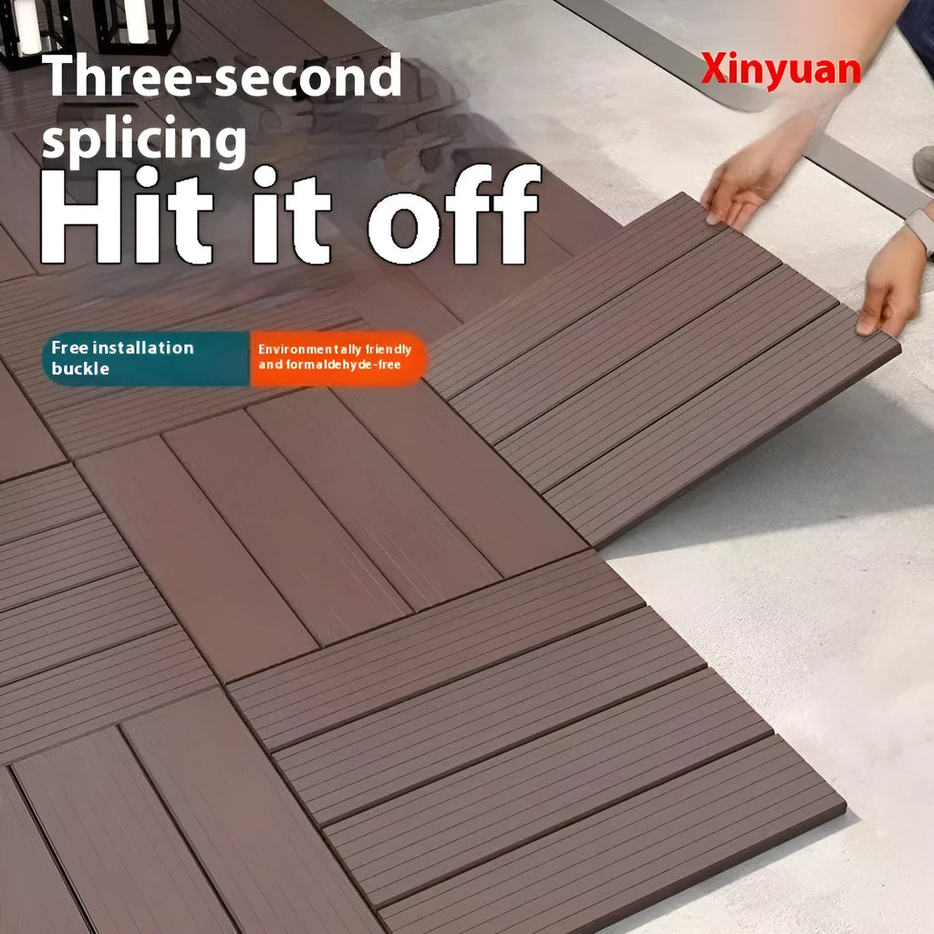A pack of 10 square wood grain plastic floor tiles showing non-slip surface texture.