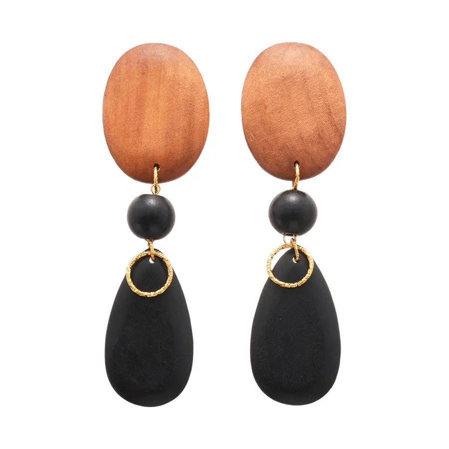 Wooden earrings with elliptical design in silver needle-brown-black colour scheme