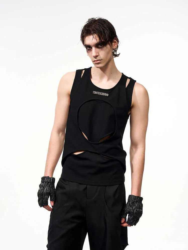 Men's black sleeveless waistcoat with hollow knit construction and round neck collar