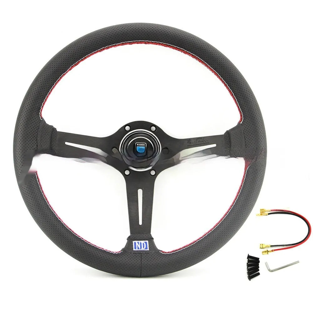 14-inch black leather steering wheel with concave design and silver metal skeleton.