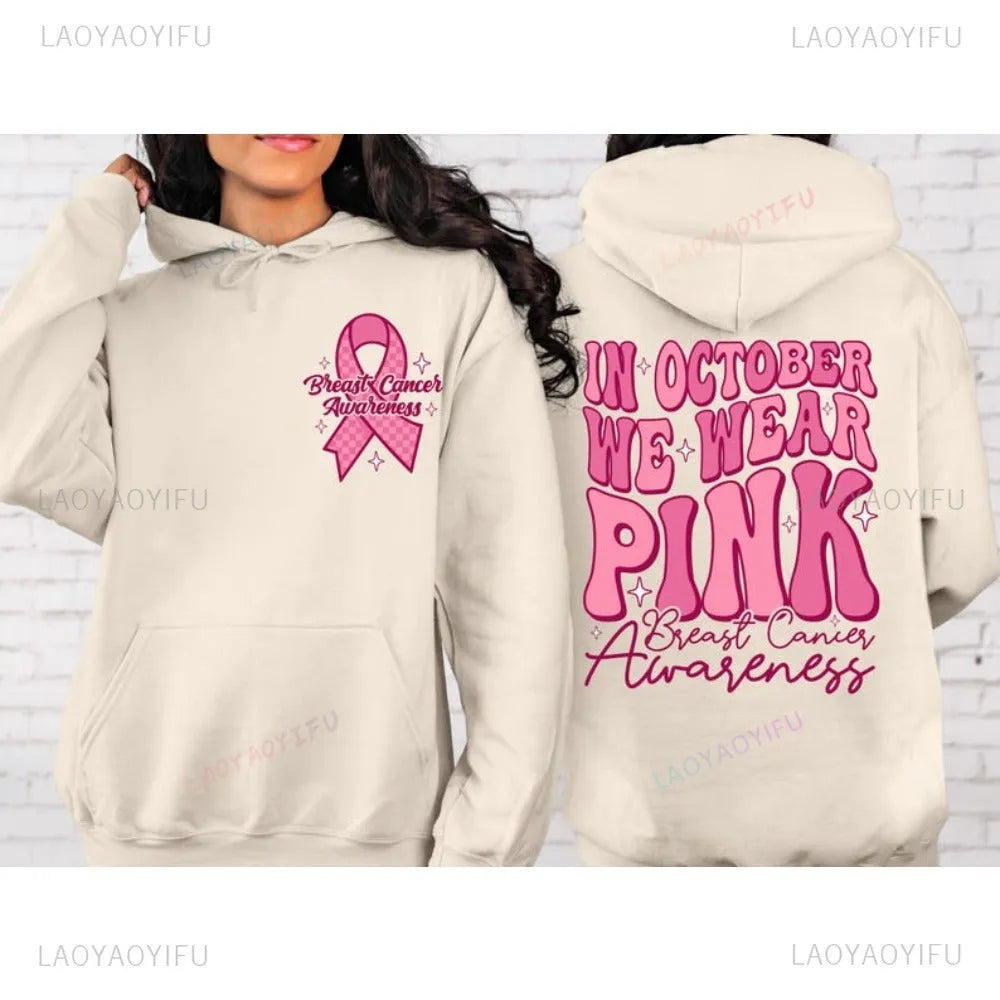 Pink Breast Cancer Awareness pullover hoodie with art retro design and side seam pocket.