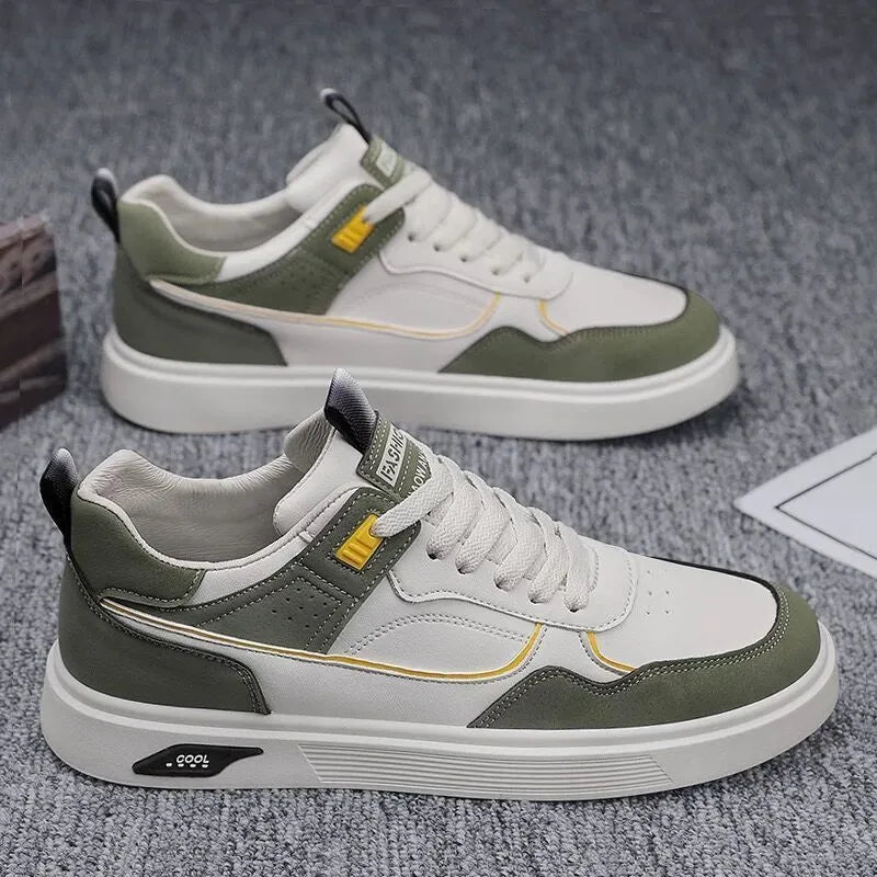 Men's low top canvas board shoes in beige with leather stitching detail and mesh lining