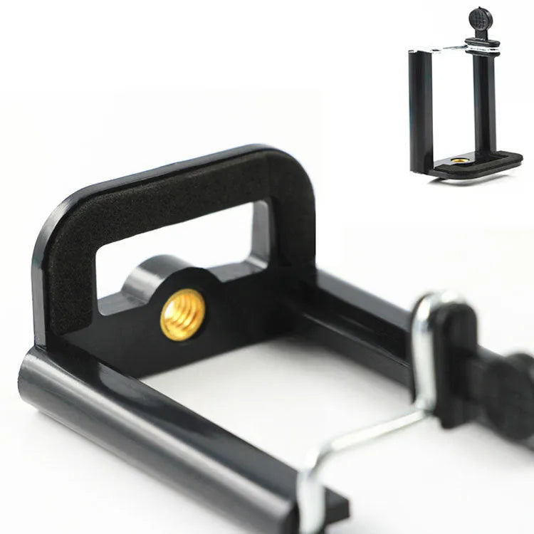 Black plastic U clip phone holder with adjustable hose bracket for mounting a mobile phone.