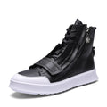 Men's black and white high-top winter ankle boots made from PU leather and microfiber.