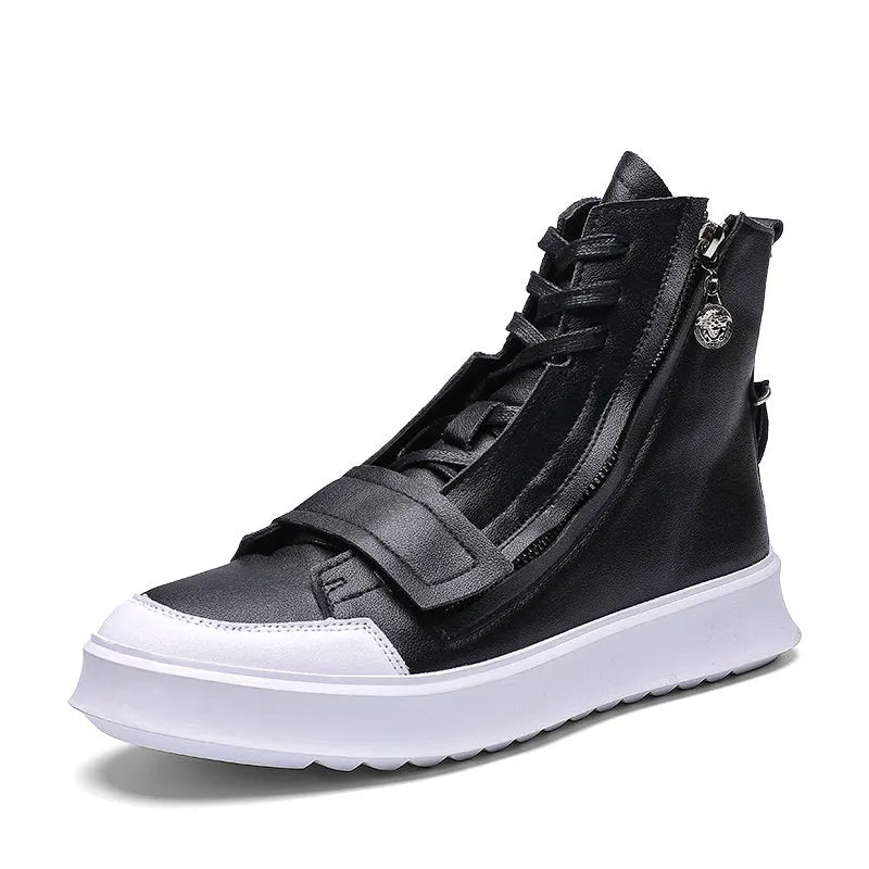 Men's black and white high-top winter ankle boots made from PU leather and microfiber.
