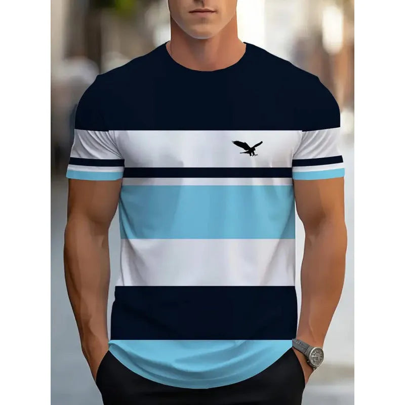 Man wearing a loose fit short-sleeved T-shirt with a digital 3D printed stripe pattern.