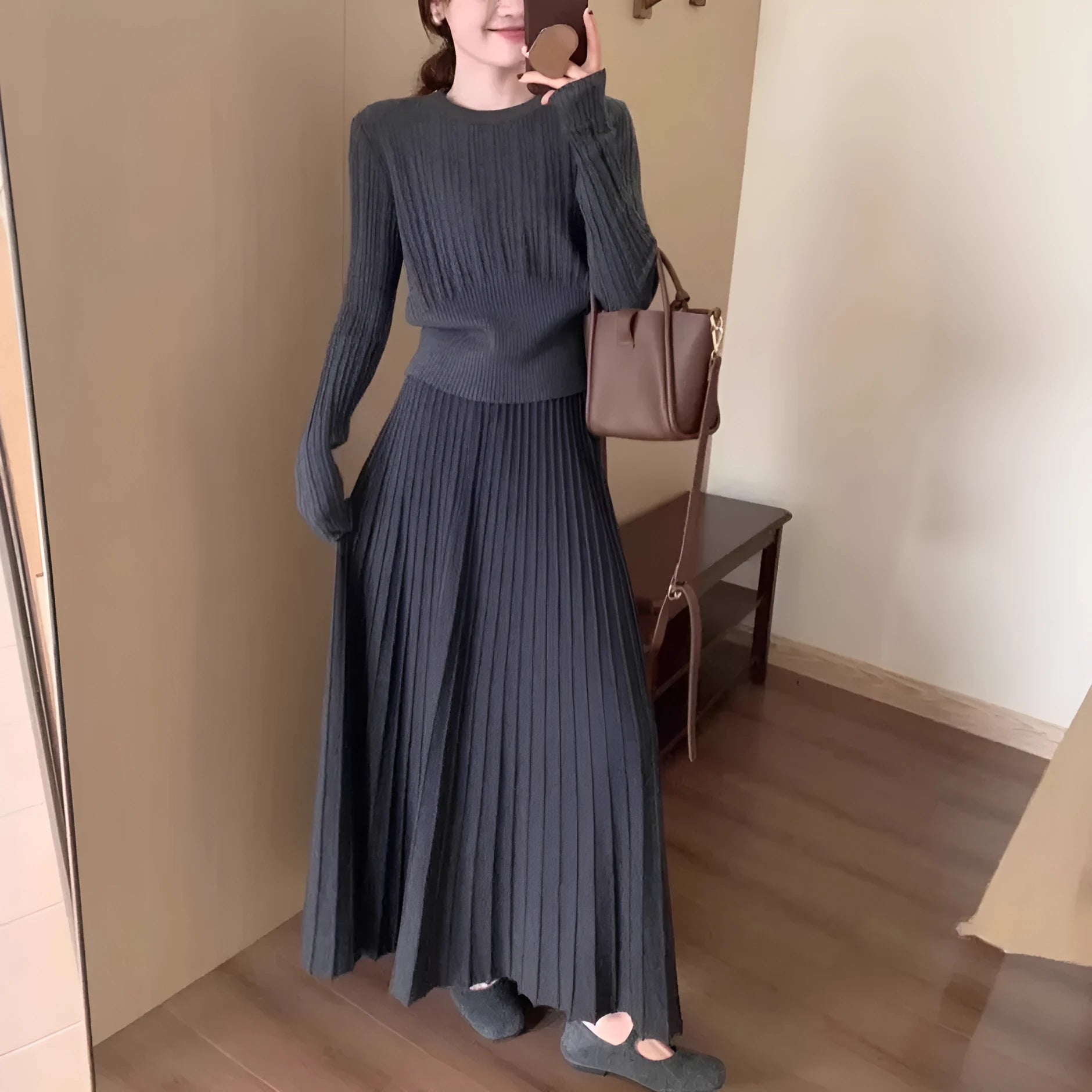 Dark grey knitted dress suit set with 3D pattern and ethnic style collage stitching
