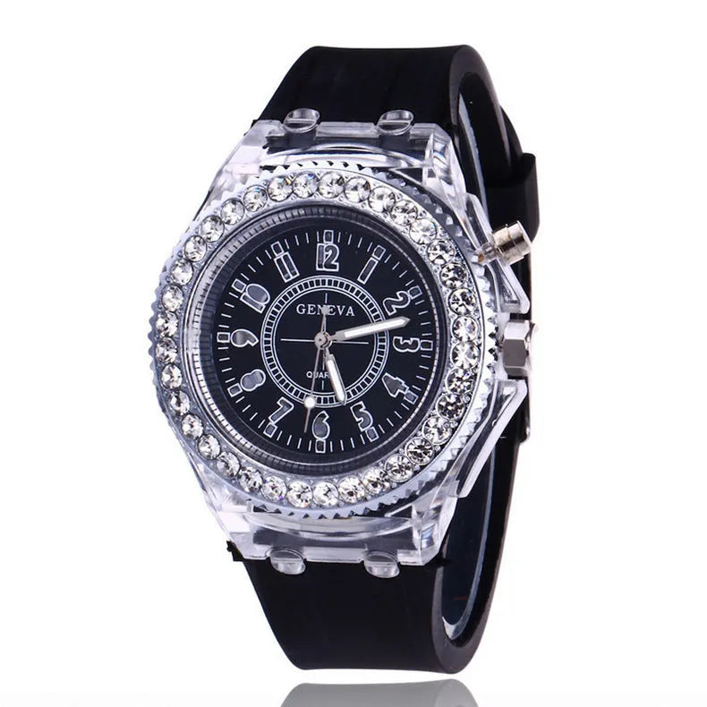 Women's LED luminous quartz watch with round dial, silicone strap, and luminous display features