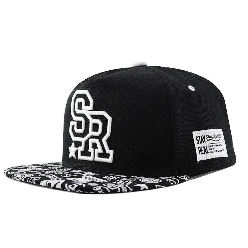 Cotton baseball cap with letter embroidery in black colour showing adjustable strap